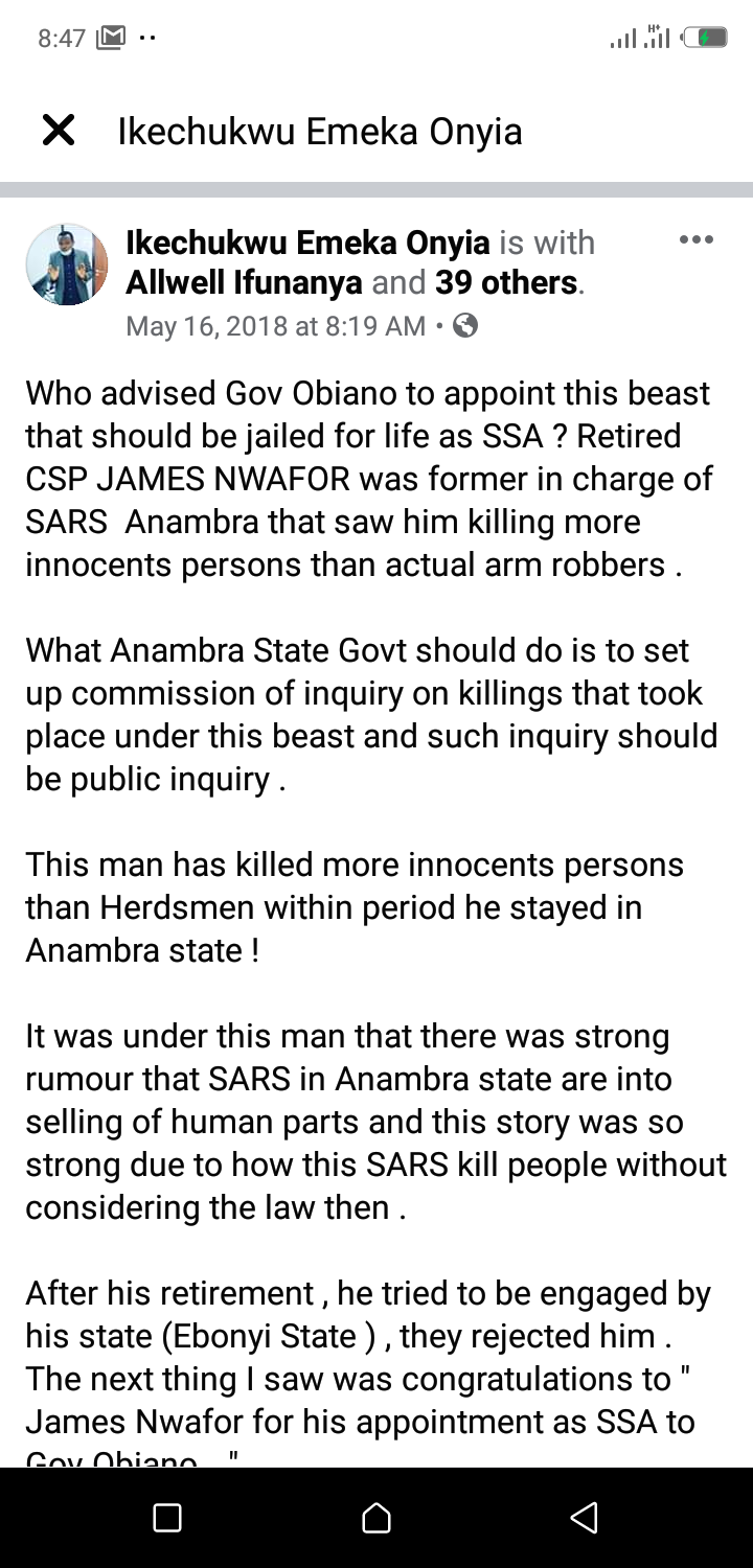 Awkuzu SARS: Twitter User Calls Out SSA to Gov. Obiano Over Alleged Killings